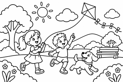 Desenho para colorir: Soltando pipa no parque