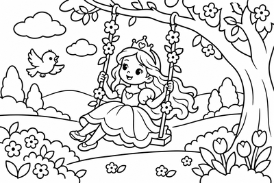 Desenho para colorir: Princesa no balanço de flores