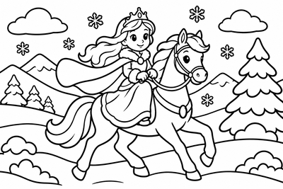 Desenho para colorir: Princesa a cavalo na neve