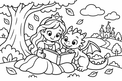 Desenho para colorir: Princesa e o dragão