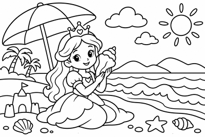 Desenho para colorir: Princesa na praia