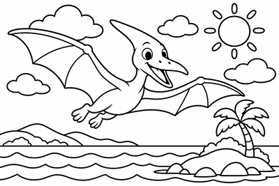 Desenho para colorir: Pterodáctilo sobre o mar