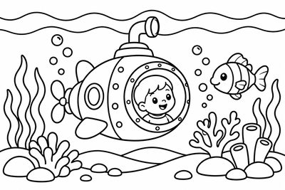 Desenho para colorir: Submarino no fundo do mar