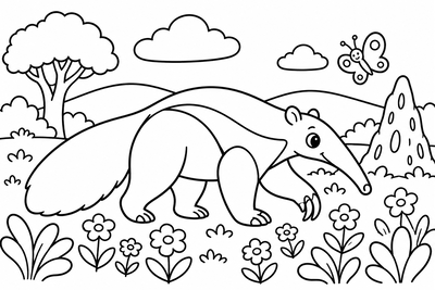 Desenho para colorir: Tamanduá no campo florido