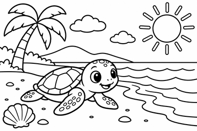 Desenho para colorir: Tartaruguinha na praia