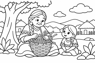 Desenho para colorir: Tecendo cestos na aldeia