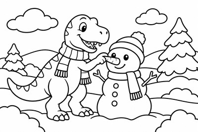 Desenho para colorir: Tiranossauro e o boneco de neve