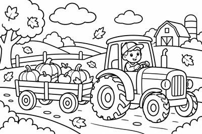 Desenho para colorir: Trator com abóboras