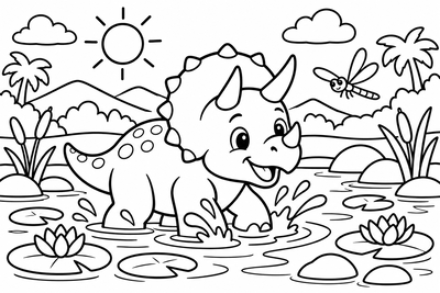 Desenho para colorir: Triceratops no lago