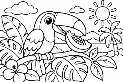 Desenho para colorir: Tucano comendo mamão
