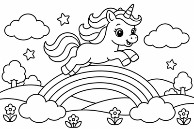 Desenho para colorir: Unicórnio no arco-íris