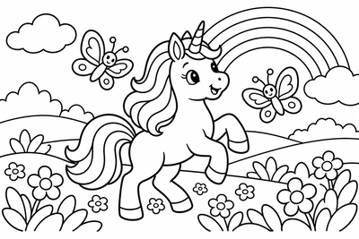 Desenho para colorir: Unicórnio e as borboletas