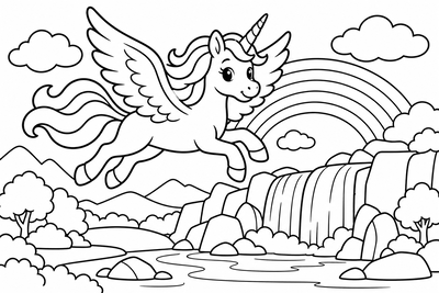 Desenho para colorir: Unicórnio alado na cachoeira