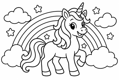 Desenho para colorir: Unicórnio e arco-íris