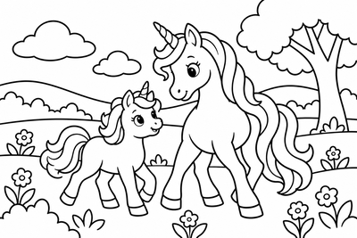 Desenho para colorir: Mamãe unicórnio e filhote