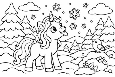 Desenho para colorir: Unicórnio e os flocos de neve