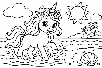 Desenho para colorir: Unicórnio na praia