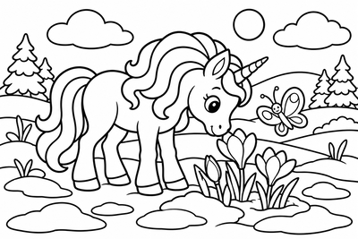 Desenho para colorir: Unicórnio e as primeiras flores