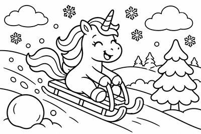 Desenho para colorir: Unicórnio no trenó