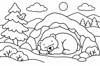 Desenho para colorir: Urso dormindo na caverna