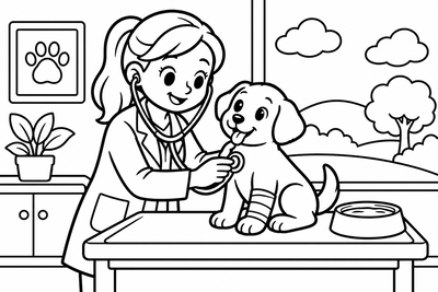 Desenho para colorir: Veterinária e o cachorrinho